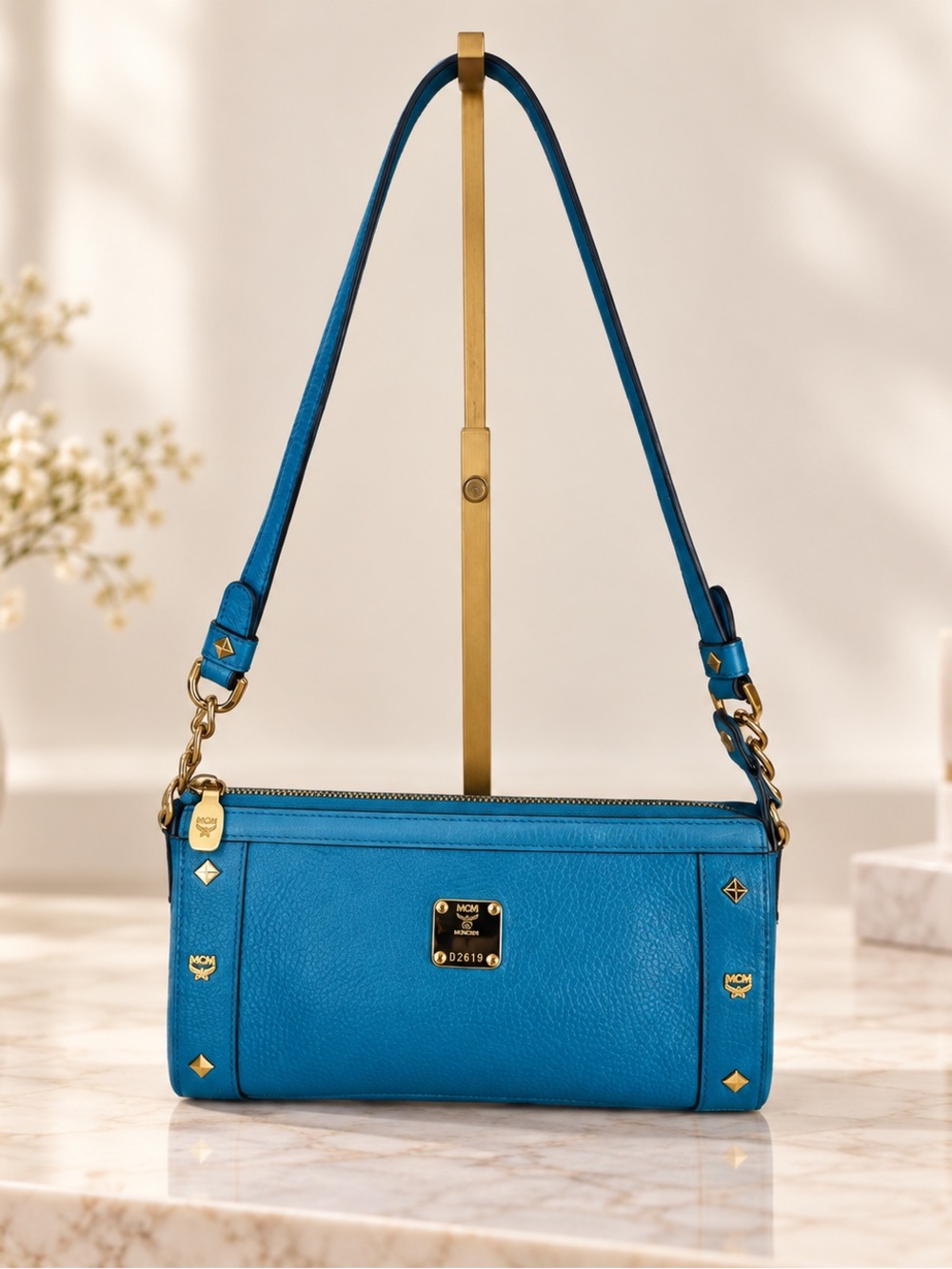 MCM MĂźnchen Turquoise Pebbled Leather Shoulder Bag with Gold Hardware & Dust Bag